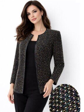 Vintage Black Beaded Jacket Iridescent Open Front Evening XL